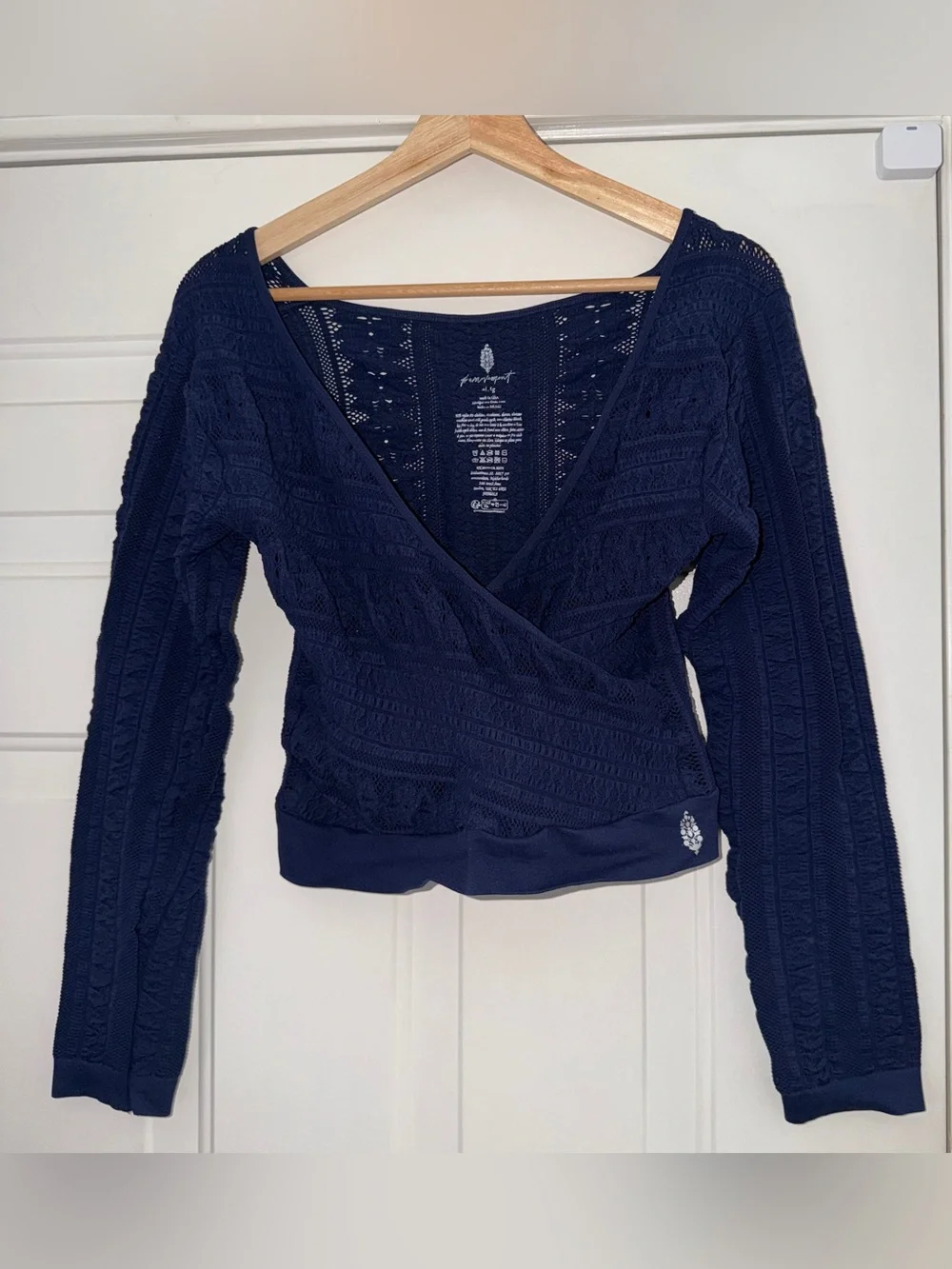 Free People Movement Navy Stretch Lace Faux-Wrap Knit Top. Sz L